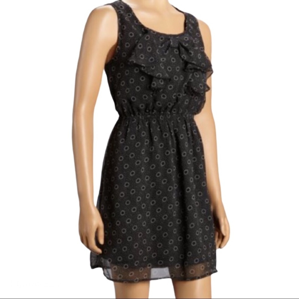 ZA ZEN Ruffle Trim Geo Print Dress With Ruched Waist Brown Xsmall-Small